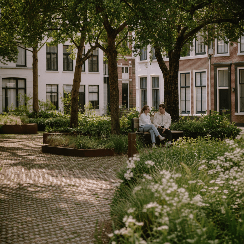 Een Nederlands stadsplein in het late voorjaar: doorlatende verharding, jonge bomen, lage plantvakken met grassen, en een stel op een houten bank